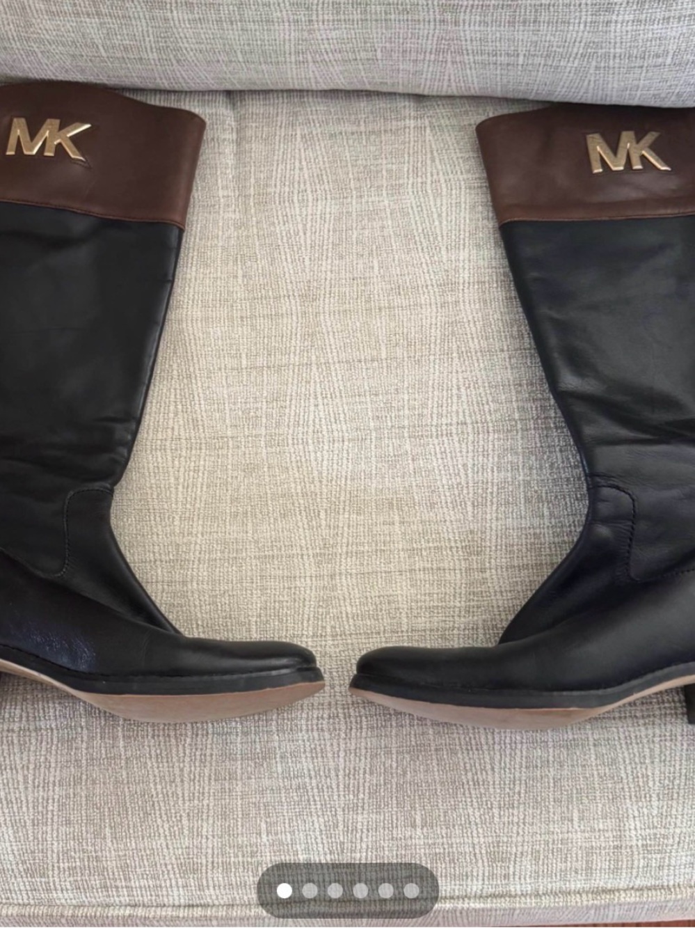 Michael Kors Hailey Black and Brown Leather Knee High Boots with Gold MK Logo